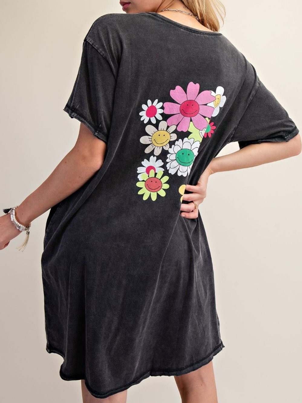 NWT EASEL Retro Black Mineral Wash Flower T Tee Shirt Oversized Dress S M L